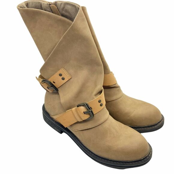 Blowfish Biker Steampunk Boots Buckle Tan Faux Leather Round Toe Mid Calf SZ 6.5 - Picture 2 of 16